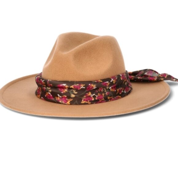 NEW Tan Felt Fedora Hat with Decorative Floral Scarf Band. - Picture 1 of 2